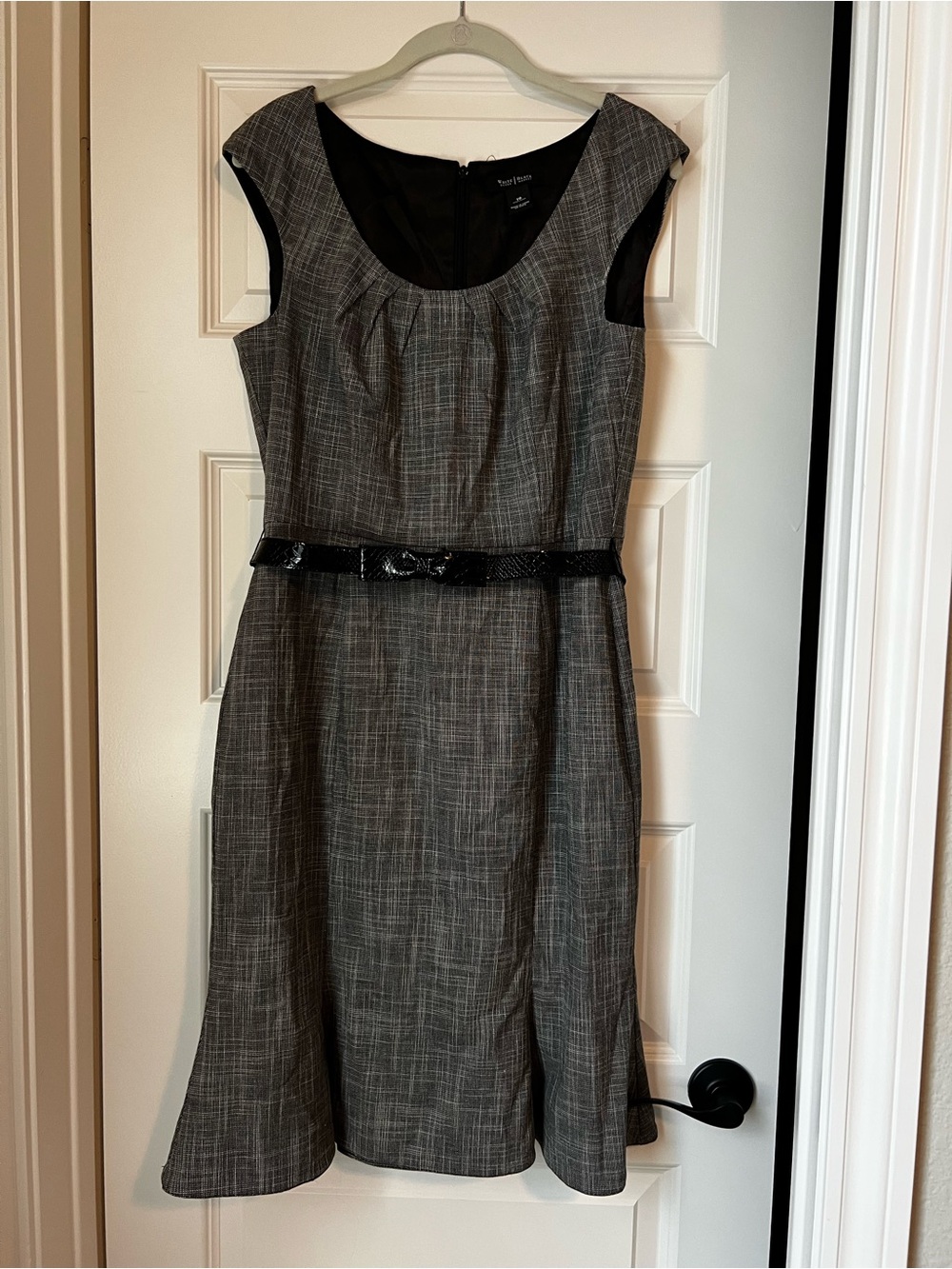 White House Black Market Sleeveless Gray Sheath Dress with black Belt